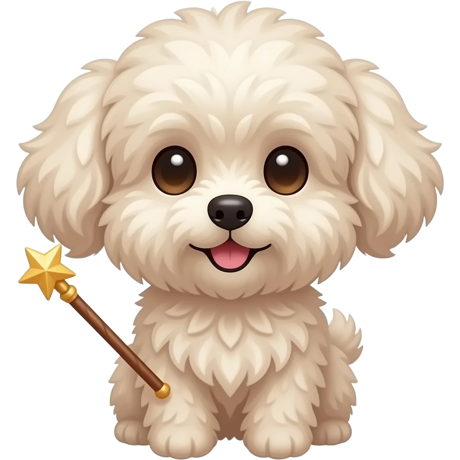Very small fluffy cutty dog, for profile, look front, holding magic stick with mouth emoji