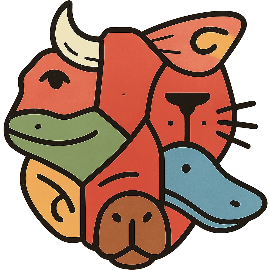 a red collage icon made of irregular cut-up pieces of different animal faces with visible line splits between them: one piece showing stoat eye, another showing minotaur skull horn, another showing frog mouth, another showing elf ear, another showing moth wing, another showing cat whiskers, another showing platypus bill, another showing capybara nose, arranged in an irregular overall shape, weathered and worn appearance emoji