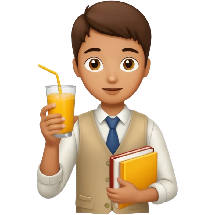 student holding book and mango drink emoji