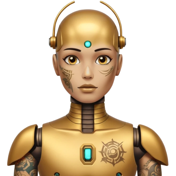gold Tatooed robot with rada, big many tatooes on chest, neck and face, white tatoo on face emoji