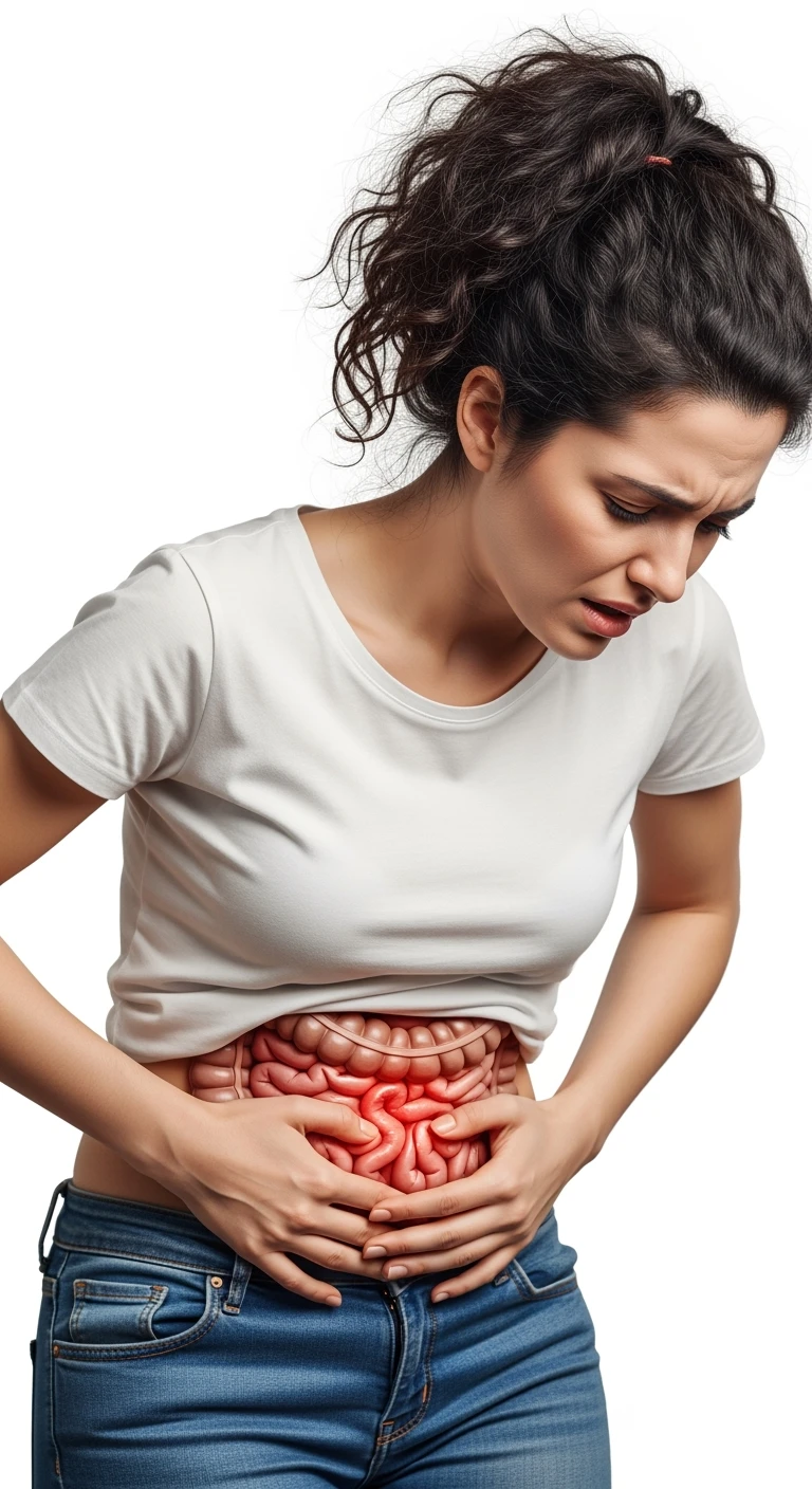 UNA DONNA REALISTICA con mal di pancia, INTESTINO ANATOMICO INFIAMMATO VISIBILE, MAL DI PANCIA, ISOLATA SU SFONDO BIANCO, IPERREALISTICA 4K emoji