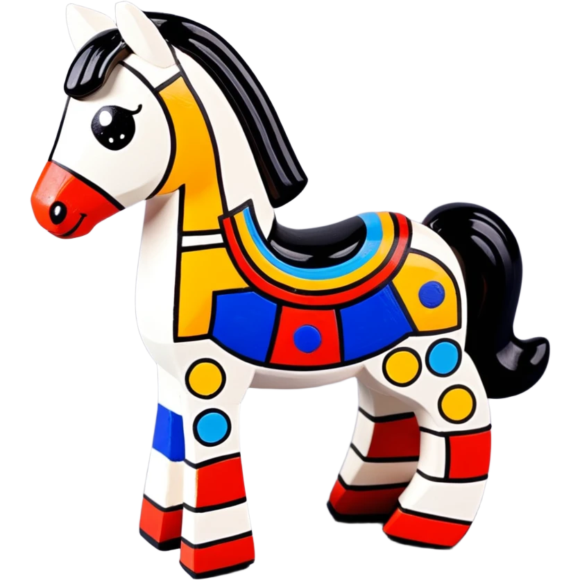 Dymkovo toy horse, traditional Russian clay figurine with colorful geometric patterns, white base with red, blue and yellow decorations emoji
