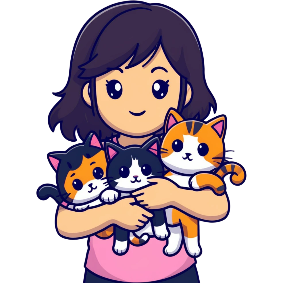 teenage girl with black hair with brown highlights with two cats that are tri-colored (black, orange, and white) emoji