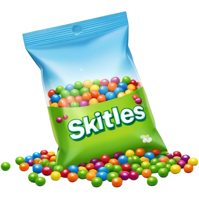 An open Skittles candy bag with green Skittles scattered around it. Colorful rainbow packaging and minimalist design. emoji