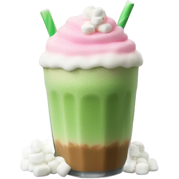ice latte matcha with pink foam and marshmallow  emoji