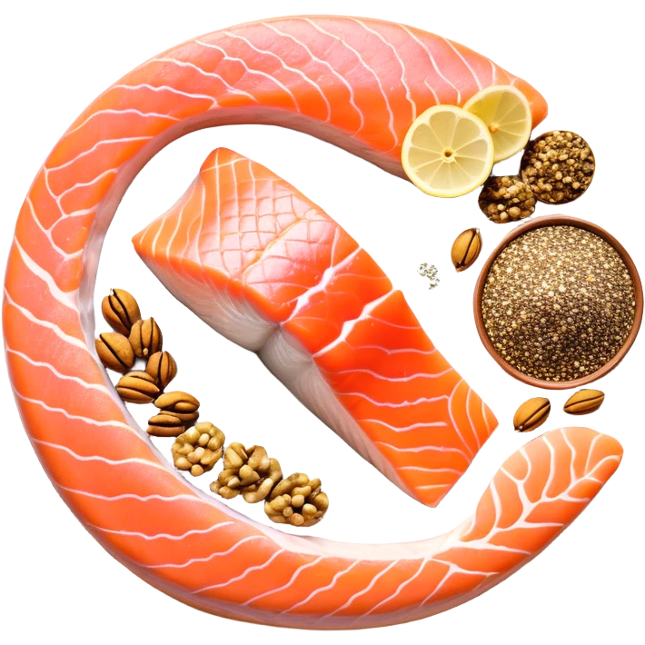 Floating arrangement of omega-3 rich foods: fresh salmon fillets, walnuts, flaxseeds, chia seeds and golden omega-3 capsules, all emitting a soft golden glow. The foods orbit around a central shimmering omega symbol, with gentle flowing energy connecting them. emoji