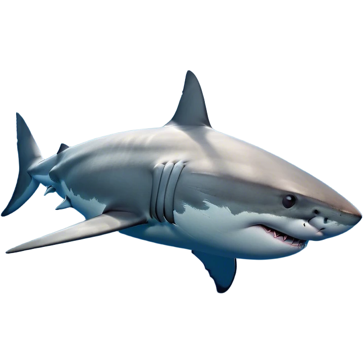 Cinematic Noble Great White Shark Portrait Emoji, Poised and regal, with a robust, torpedo-shaped body, a pointed snout, a gleaming white underbelly contrasting with a slate gray dorsal surface, and piercing, intense eyes scanning deep blue waters, Simplified yet sharp and sophisticated features, highly detailed, glowing with a cool, oceanic luminescence, high shine, intelligent and commanding, stylized with an air of marine authority, focused and vigilant, soft glowing outline, capturing the essence of a watchful and confident predator that appears ready to surge out of the screen with effortless power! emoji