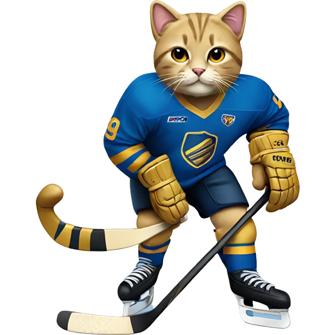 Cat playing hockey in blue and gold jersey emoji