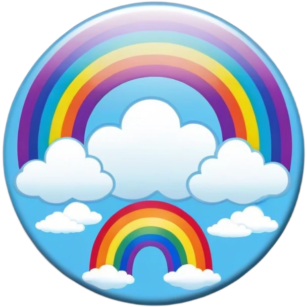A round psychedelic colored button with a bezeled rainbow with clouds and colorful hippie style flowers emoji