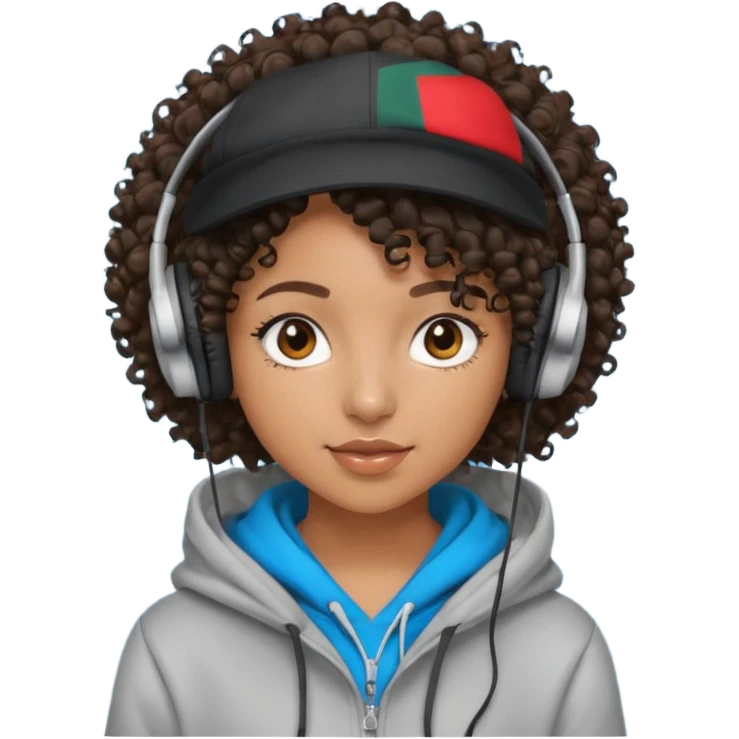 curly haired with headphones in and hoddie  black girl with cap emoji