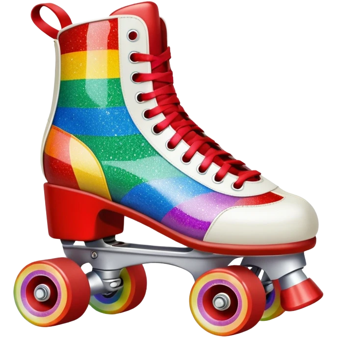 red vintage glitter roller skate with a white leather boot, rainbow stripes glitter emoji