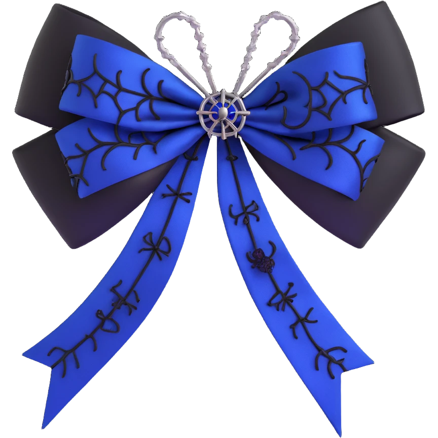 gothic bow, royal blue satin, black lace overlay, silver spiderweb charm, moody and elegant emoji