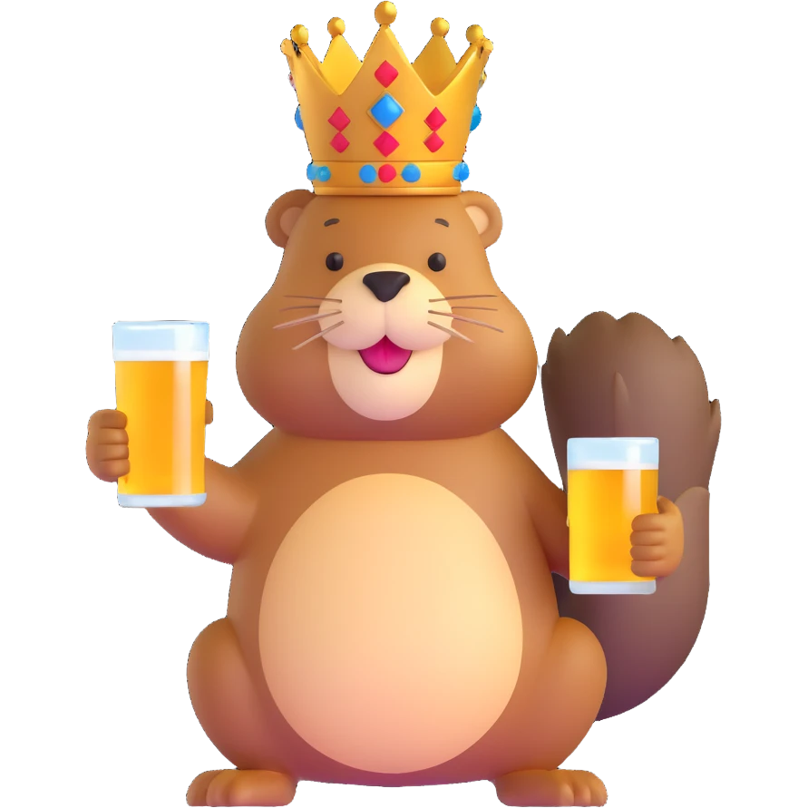 beaver with a crown on head holding a glass of beer emoji