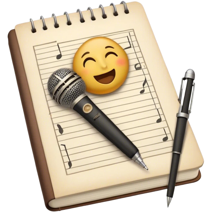 Create an emoji representing songwriting. The design should feature an open notebook or sheet music with visible lyrics between the musical notes, symbolizing the process of writing song lyrics. The text between the notes should be clearly visible. A pen or pencil should be placed near the notebook, indicating active writing. Optionally, include a single vintage microphone lying beside the notebook (not on the music notes) to add a creative touch. Use a harmonious color palette with warm and neutral tones. Do not include any emojis or smiley faces. Make the background transparent. emoji