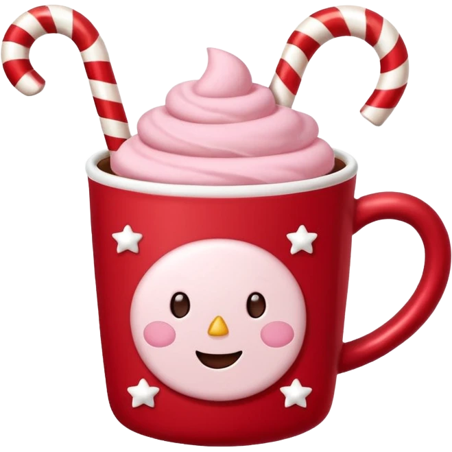 hot chocolate with pastel pink marshmallows in red christmas mug with stars and candy cane, trendy aesthetic emoji