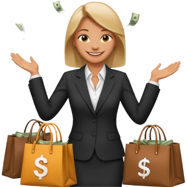 Девушка получает много денег и заключает выгодное сотрудничество. Она жмет руку коллегам разным и вокруг мешки денег  emoji
