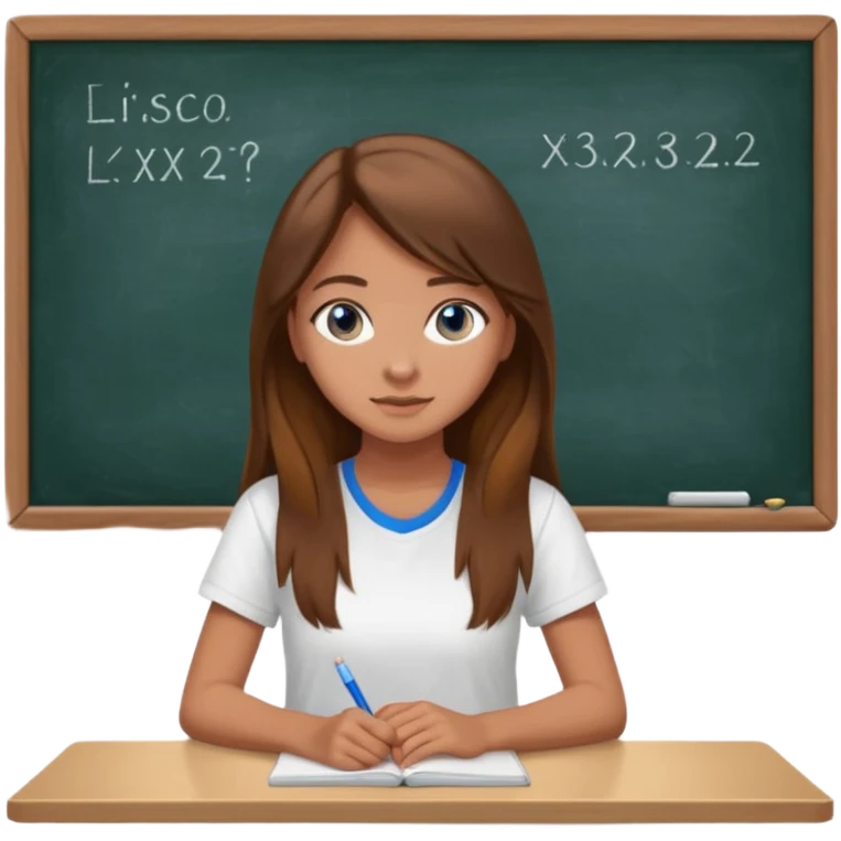 high school class room with a pretty female high school student with long brown hair, blue eyes sitting in front of the blackboard emoji