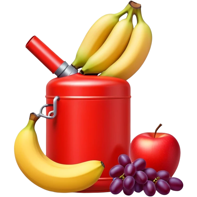 bright red gasoline canister surrounded by a banana, an apple, and grapes, red fuel can with fruits arranged around it emoji