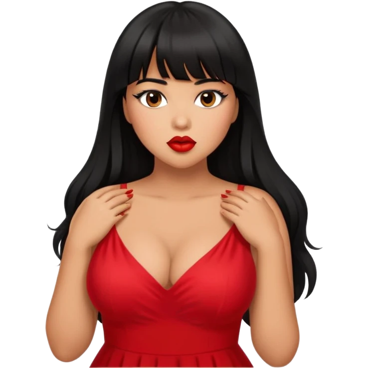 Latina medium skin tone with bangs black long hair plus size sexy red dress kiss emoji