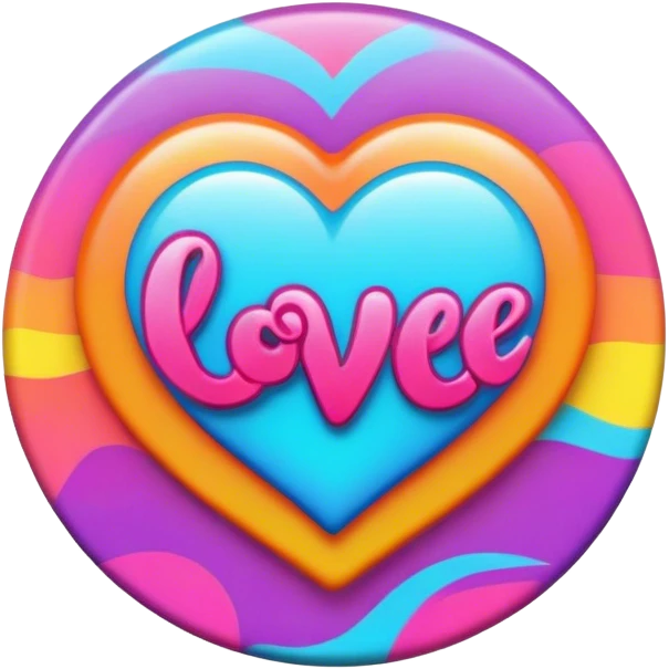 A round psychedelic colored button with love emoji