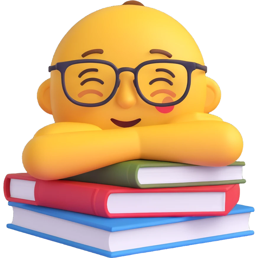 emoji of a sleepy face with glasses, resting on a pile of textbooks, showing fatigue from studying for exams emoji