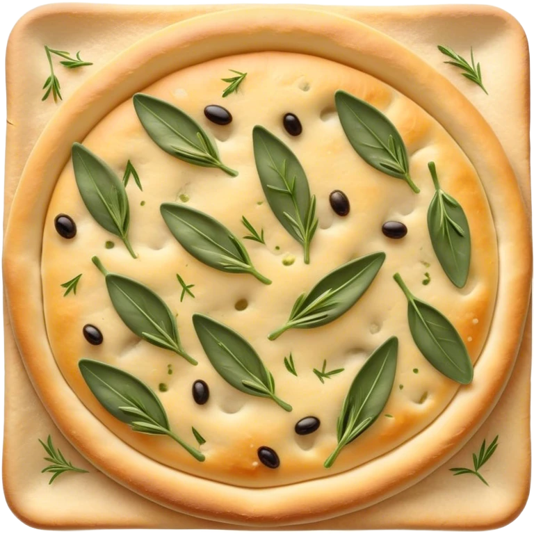 Cinematic Realistic Focaccia Bread Dish Emoji, depicted as a golden, olive oil brushed flatbread sprinkled with herbs rendered with lifelike texture and soft, appetizing lighting. emoji
