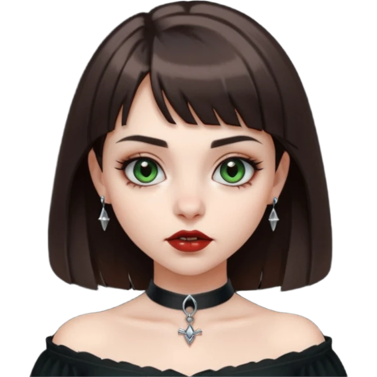 pale girl with dark green/brown eyes, straight medium length brown hair and short bangs, full round lips, eyebrow and nose silver piercing wearing a off shoulder black shirt. she’s a vampire emoji