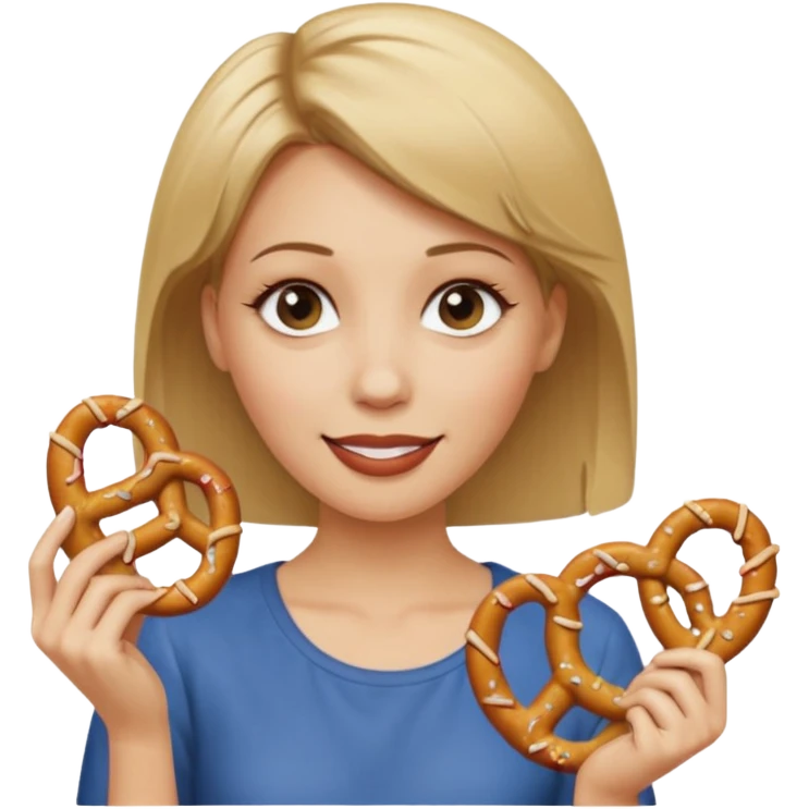 Short, Straight, Dirty blond hair, fair skin, woman holding pretzels and winking emoji