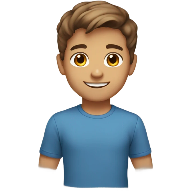 Smiling boy with brown eyes light tan skin tone brown hair and blue shirt and short brown hair emoji