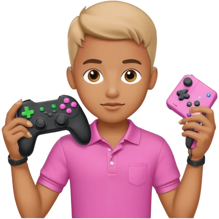 generate a pretty tan bratz boy with a pink polo. Holding a gaming controller in hand emoji