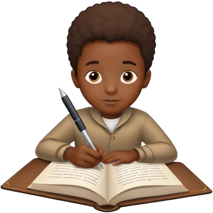 African boy student with brown skin writing with book and pen emoji