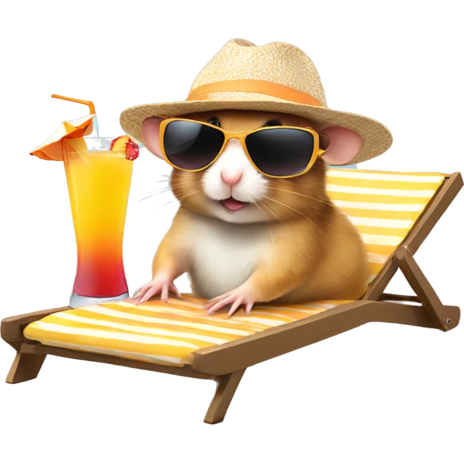 hamster with a sunhat and sunglasses drinking a coctail while laying in a sunbed emoji