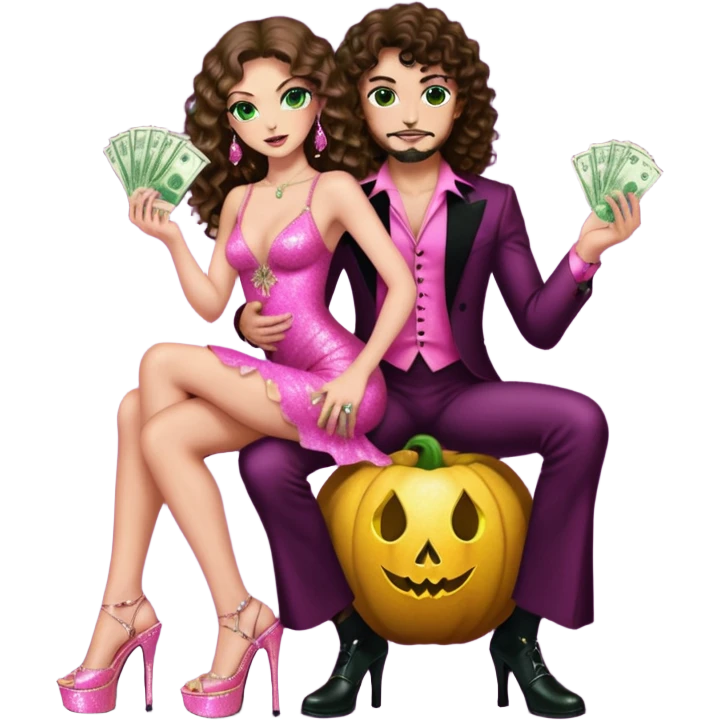 Sensual woman green eyes brown long curly hair evil occult,with 7 inch platform stripper high heels pink with glitter dress, holding a Spanish man, sitting on a short dark hair man’s pimp lap, holding cash emoji