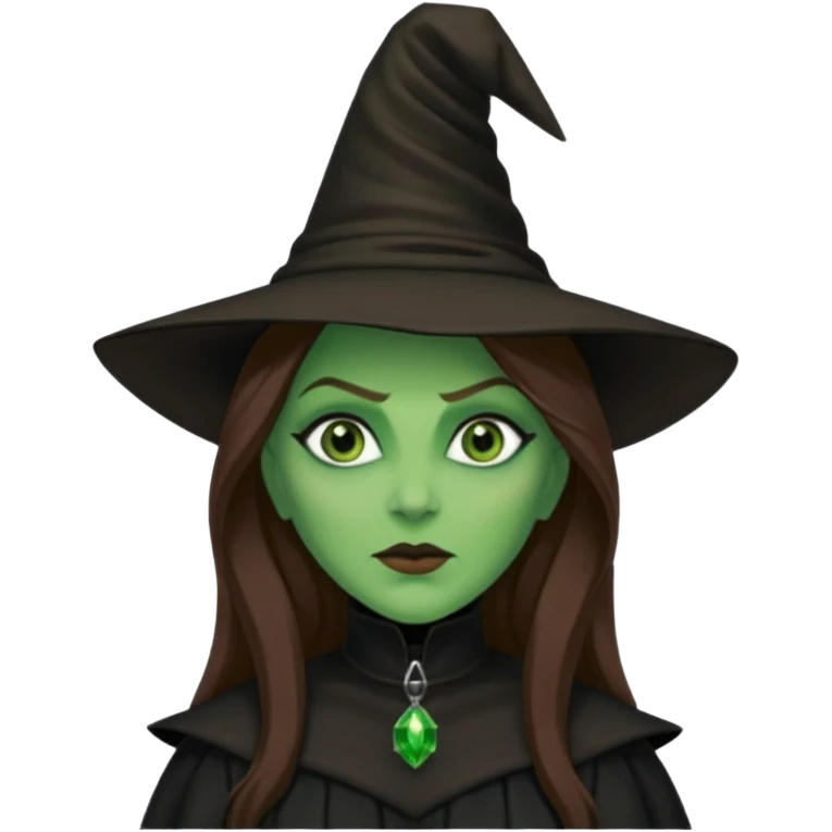 Wicked Witch of the West from the Wizard of Oz with green skin and eyes, brown long hair, black outfit emoji