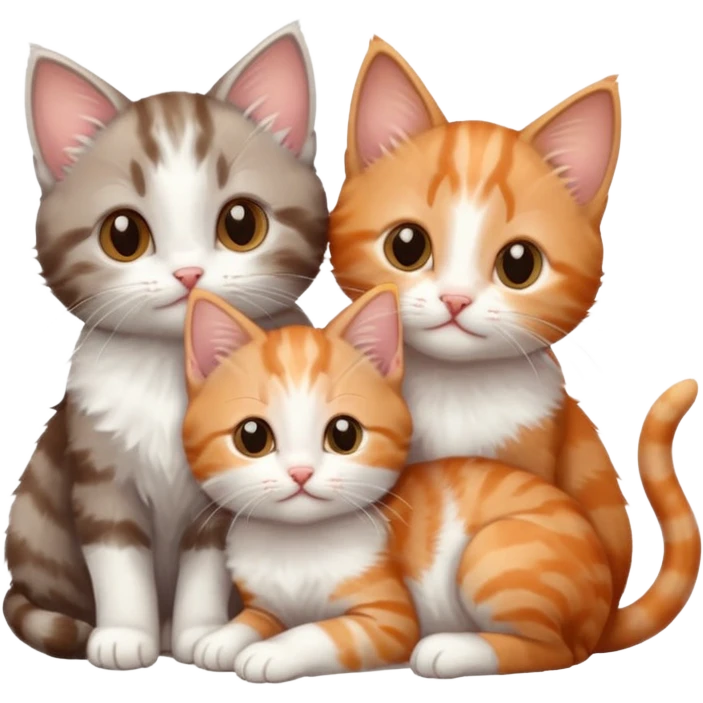 3 tiny kittens cuddling together all different colours, the first one is grey and white, the second is ginger and white and the third is brown tabby and white emoji