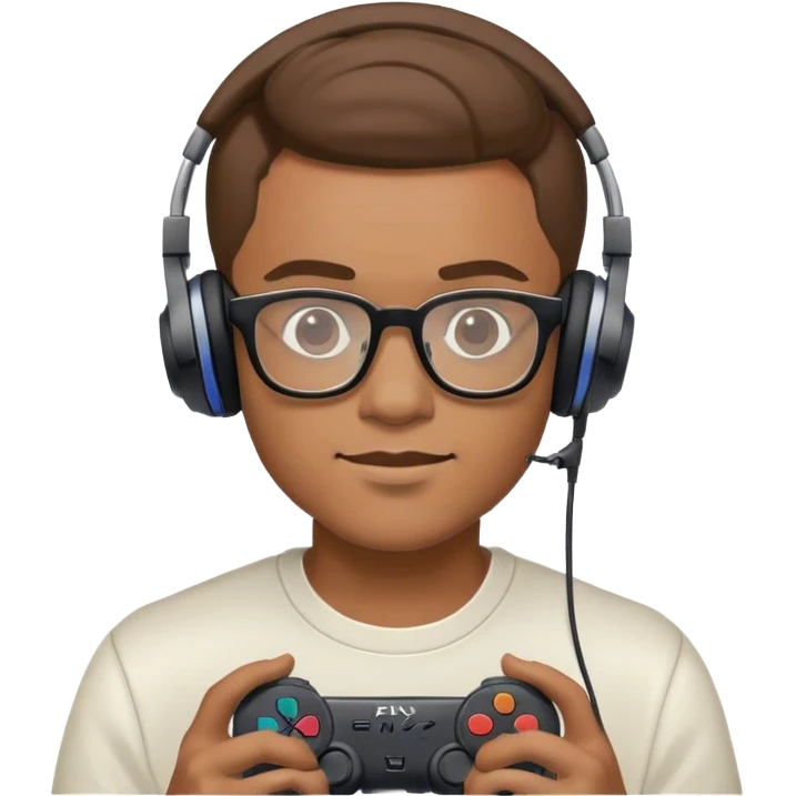 Muchacho guapo tez moreno claro con lentes con audífonos jugando playstation emoji