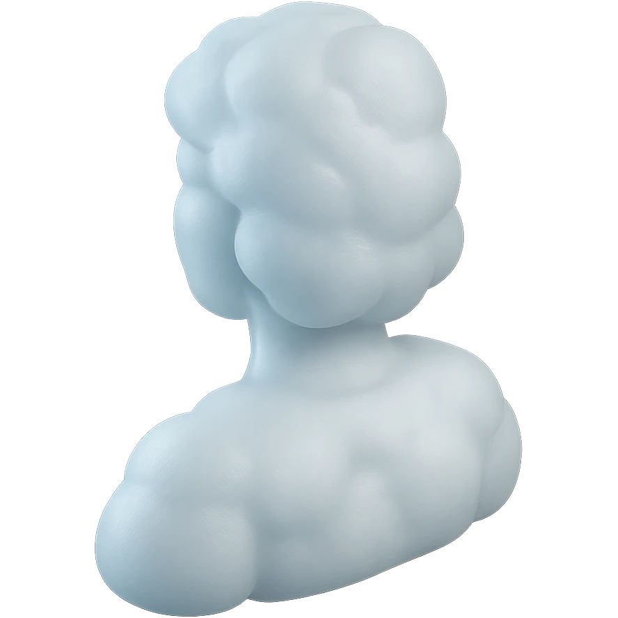 a person turned exactly, composed entirely of white fluffy convex clouds, shoulder length, no shadows, matte glass style emoji