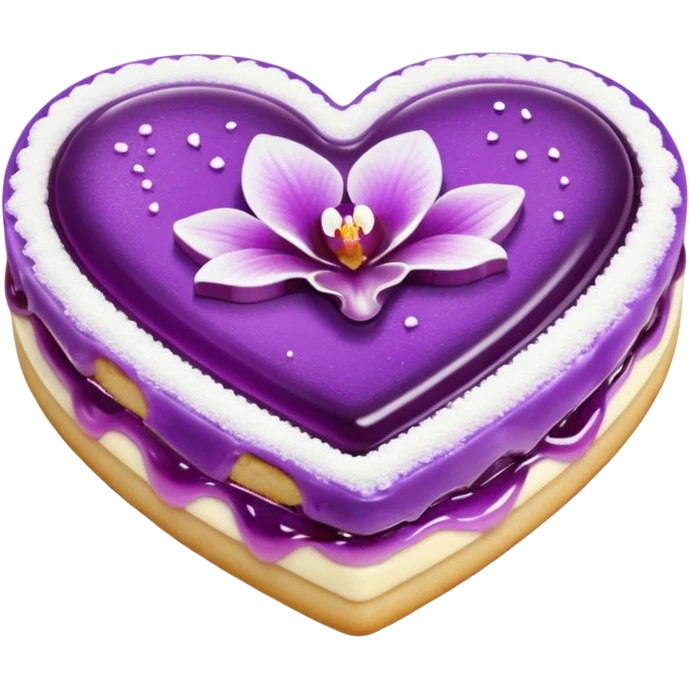 Realistic shortbread cookie in the shape of a heart with orchid purple color jelly middle filling and sprinkled powder sugar on top. emoji
