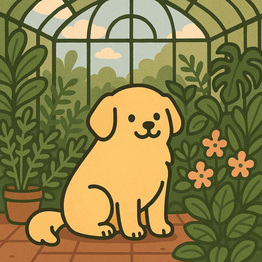 pusheen-style flat toon golden retriever in a botanical garden greenhouse emoji