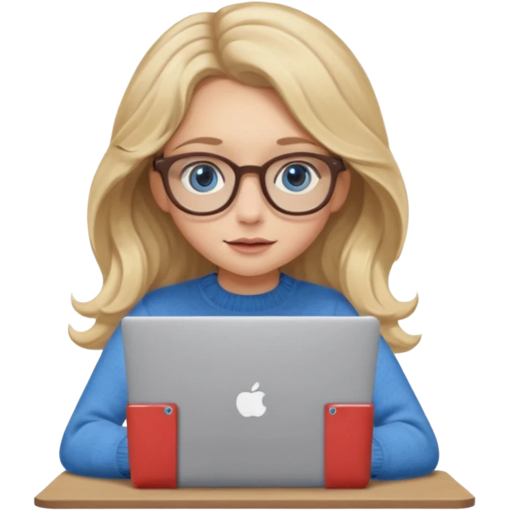 blonde girl with long dark blonde wavy hair, blue big eyes, pantos-style glasses, a brown colored sweater, sitting and looking in laptop, soft pastel, upper body shot emoji