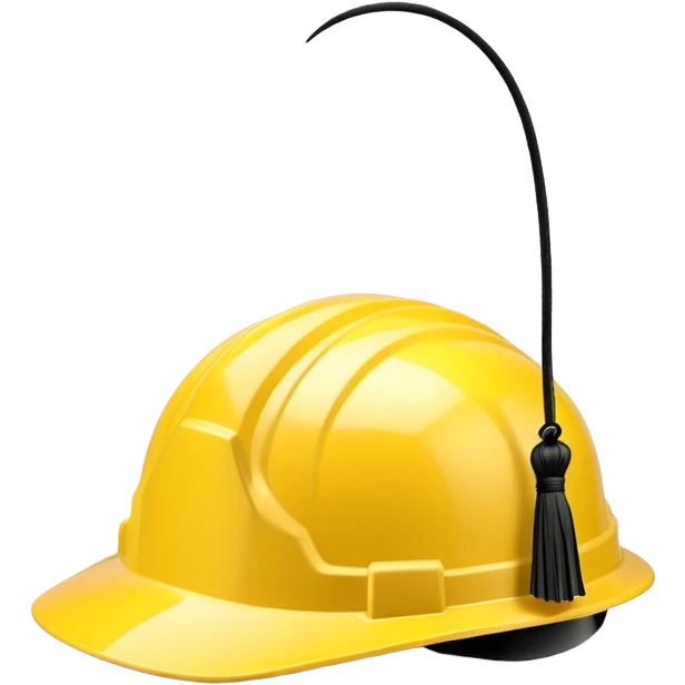 A bright yellow hard hat with a small black tassel hanging from one side, combining the traditional graduation cap with an engineer's safety helmet. The helmet has realistic ridges and a sturdy design, symbolizing construction, engineering, and technical expertise. The tassel is slightly swaying, adding a graduation touch. The background is plain white. emoji