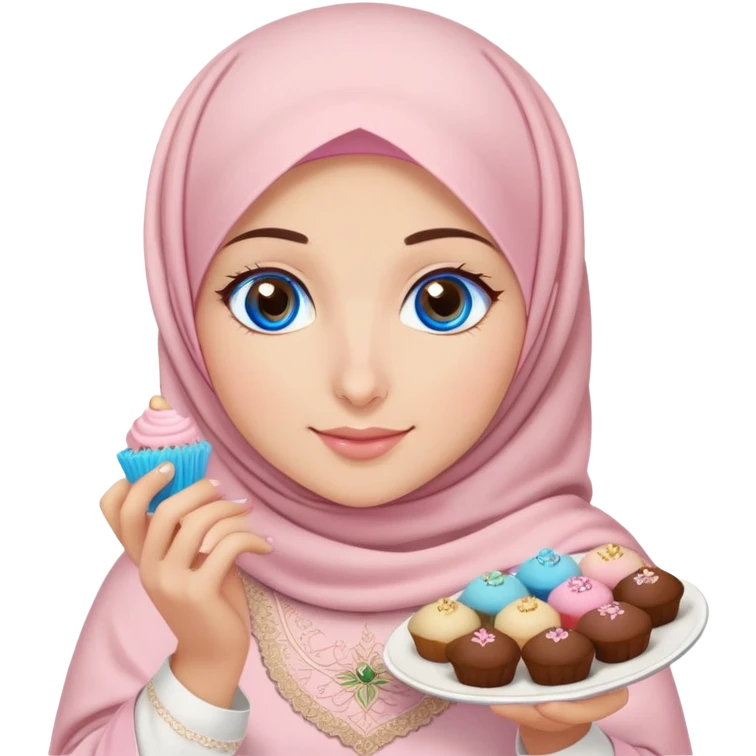 Turkish beautiful finish Konya girl blue eyes with powder pink brown hijab islamic dress and had on her hand text Eid Mubarak with sweets and celebrating with her friends eid days   emoji
