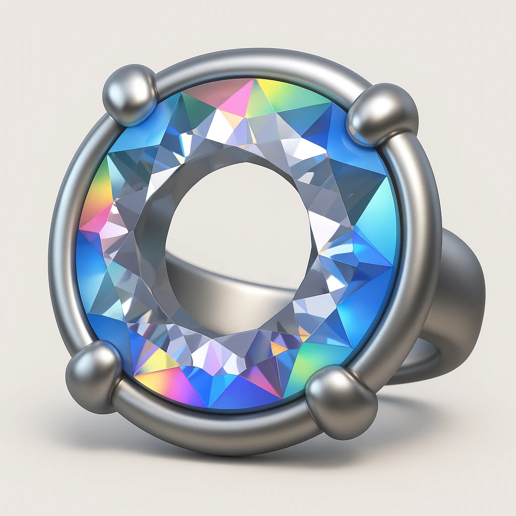 Make it 3D emoji style: add a silver jewelry setting to the round cut white diamond with intense holographic rainbow reflections emoji
