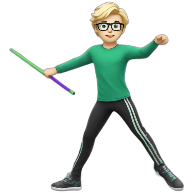 white boy with green eyes glasses blond hair wearing tight purple pants and top twirling a white baton with several black stripes emoji