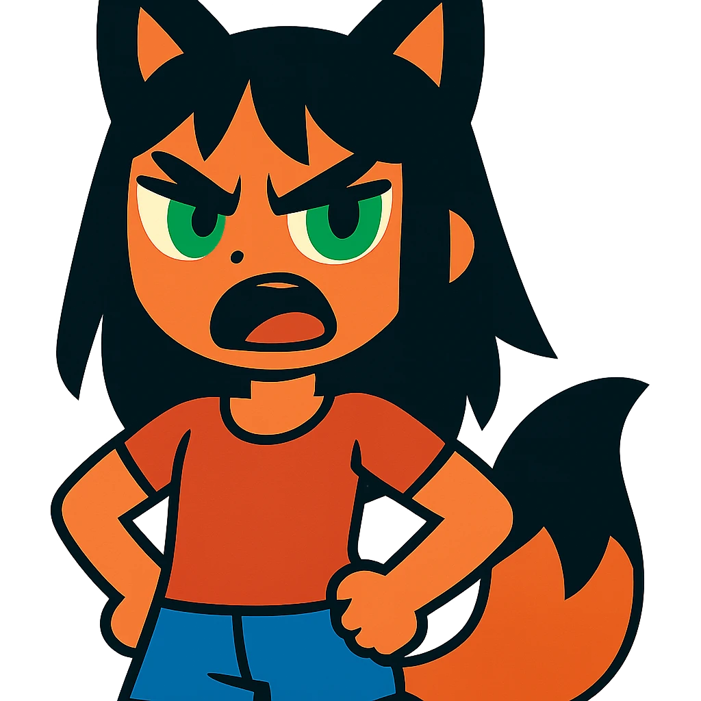 A girl with black fox ears and a tail, green eyes, dark hair, looking angry emoji