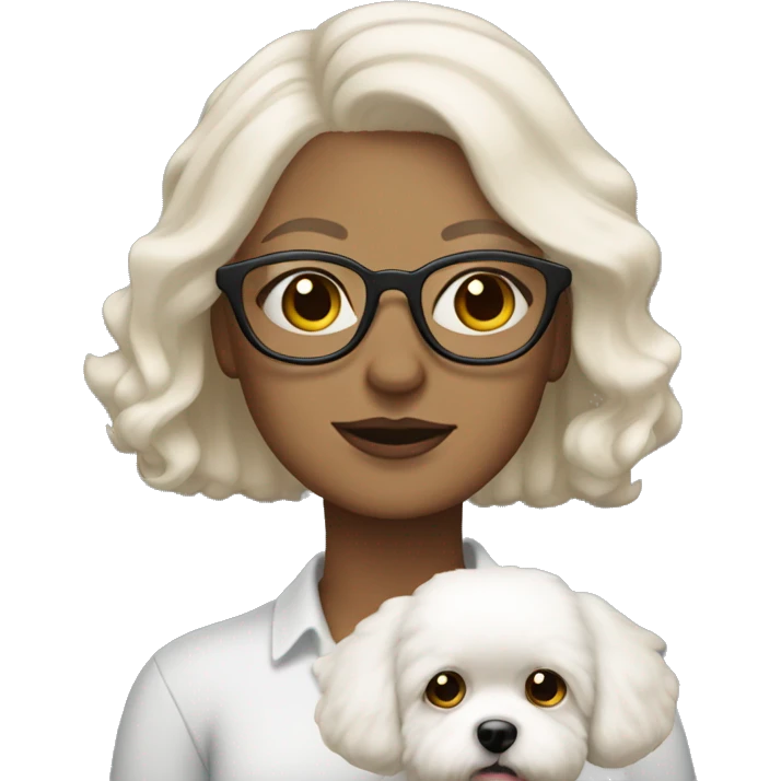 Woman with white medium length hair and glasses holding Bichon with tan ears emoji