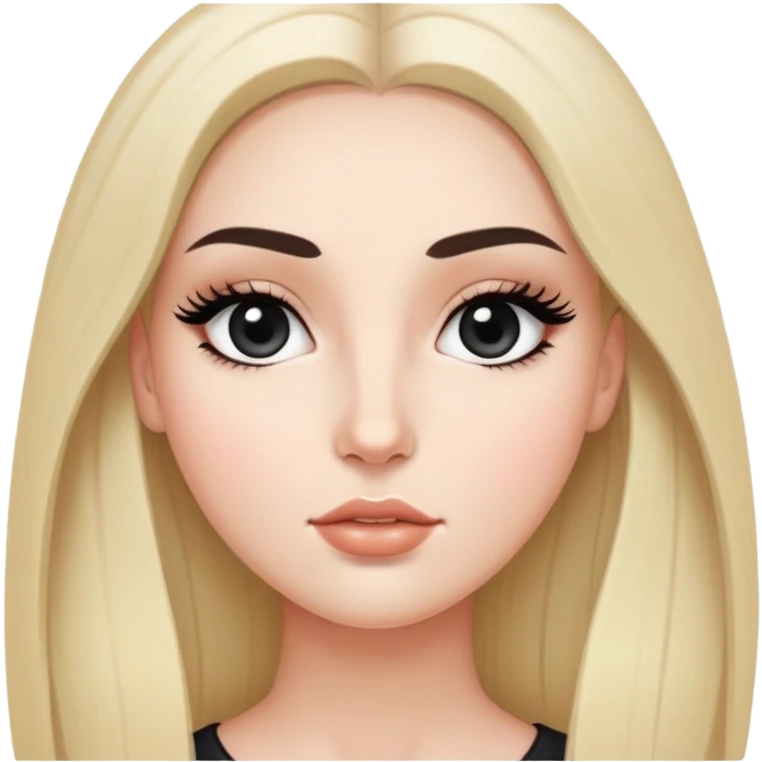 White girl with long oval face, huge round black eyes, big eyelashes, no makeup, natural lips, long straight black middle-parted hair emoji
