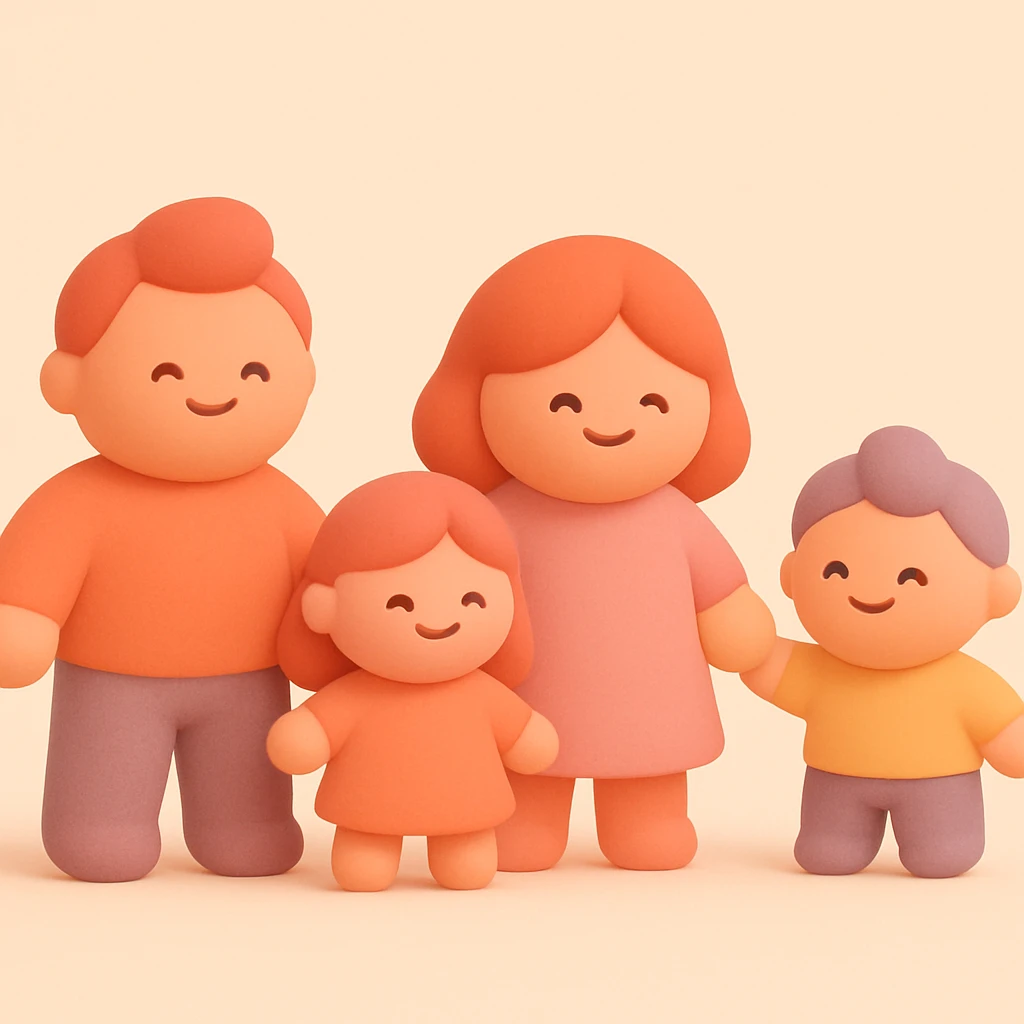 a family of four holding hands, mochi style, soft and rounded, warm pastel palette, joyful mood emoji