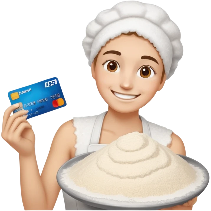 Happy emoji with credit card in hand an a pile of flour emoji