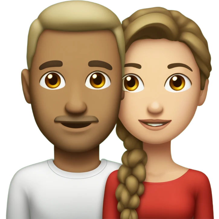 Una pareja donde la mujer tiene pelo rojo y piel blanca, ojos oscuros. El hombre tiene pelo claro, piel medio morena y ojos verdes  emoji